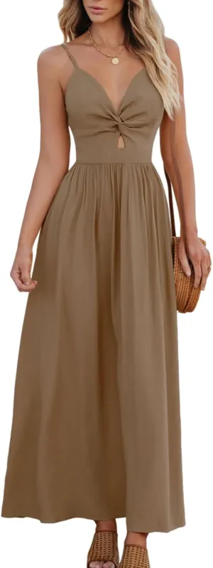 CUPSHE Women Casual Dress Beach Sleeveless V Neck Summer Cutout Spaghetti Straps Formal Maxi Sun Dresses