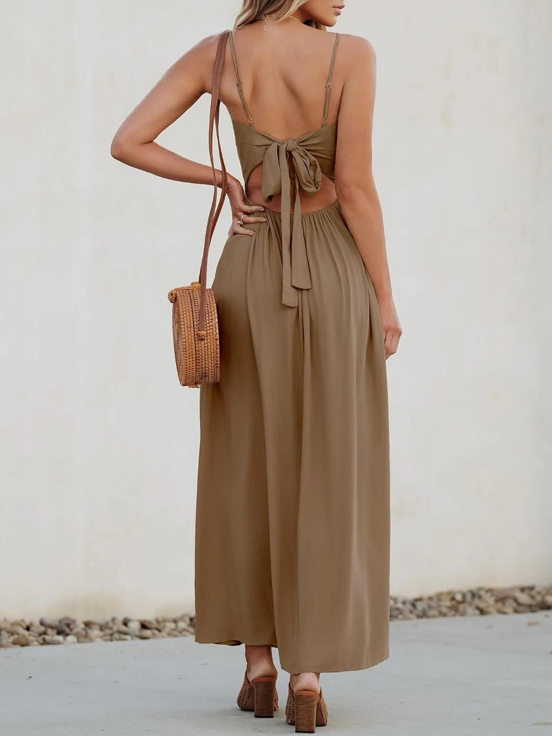 CUPSHE Women Casual Dress Beach Sleeveless V Neck Summer Cutout Spaghetti Straps Formal Maxi Sun Dresses