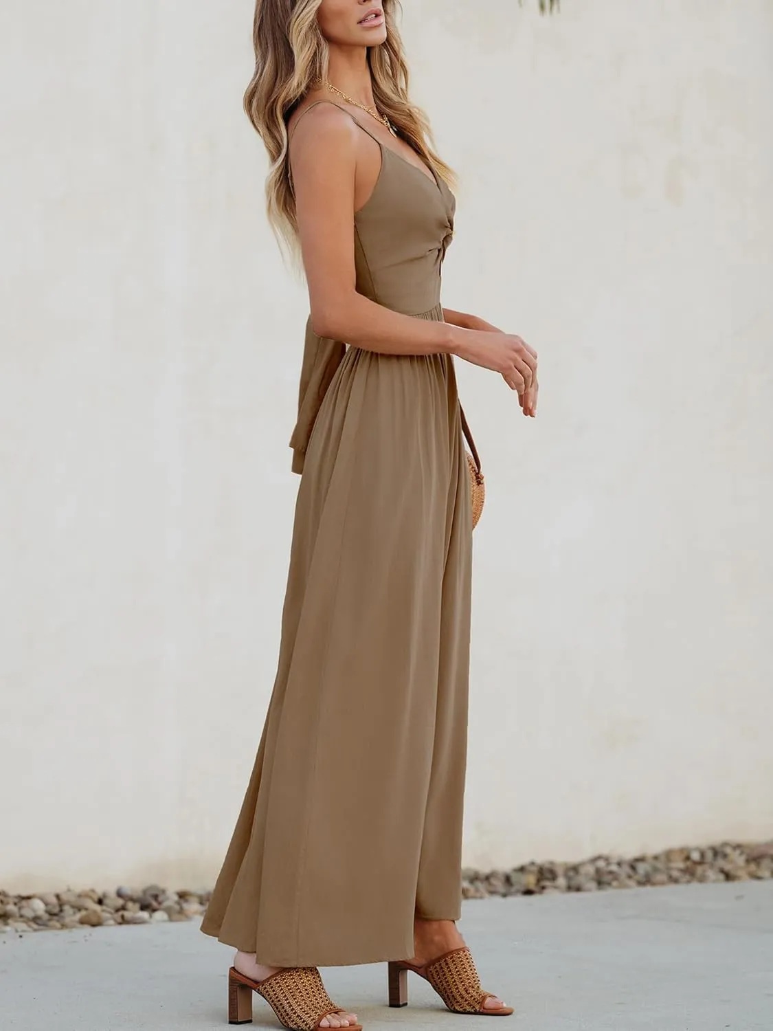 CUPSHE Women Casual Dress Beach Sleeveless V Neck Summer Cutout Spaghetti Straps Formal Maxi Sun Dresses