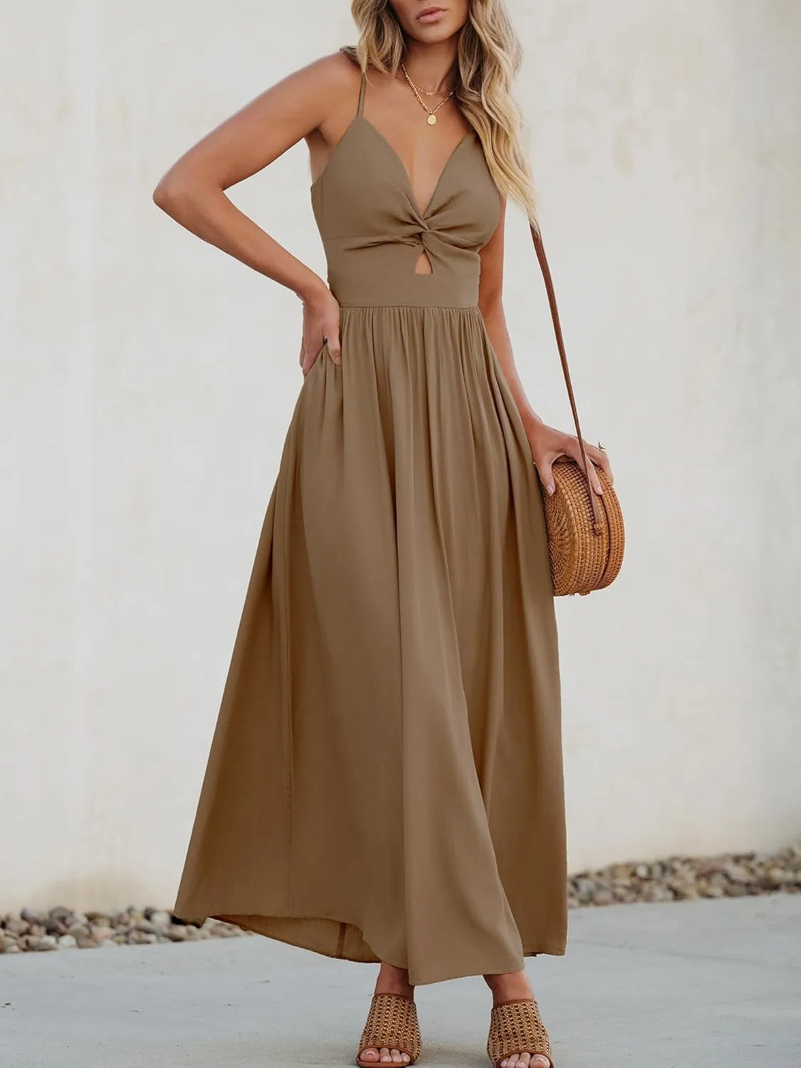 CUPSHE Women Casual Dress Beach Sleeveless V Neck Summer Cutout Spaghetti Straps Formal Maxi Sun Dresses