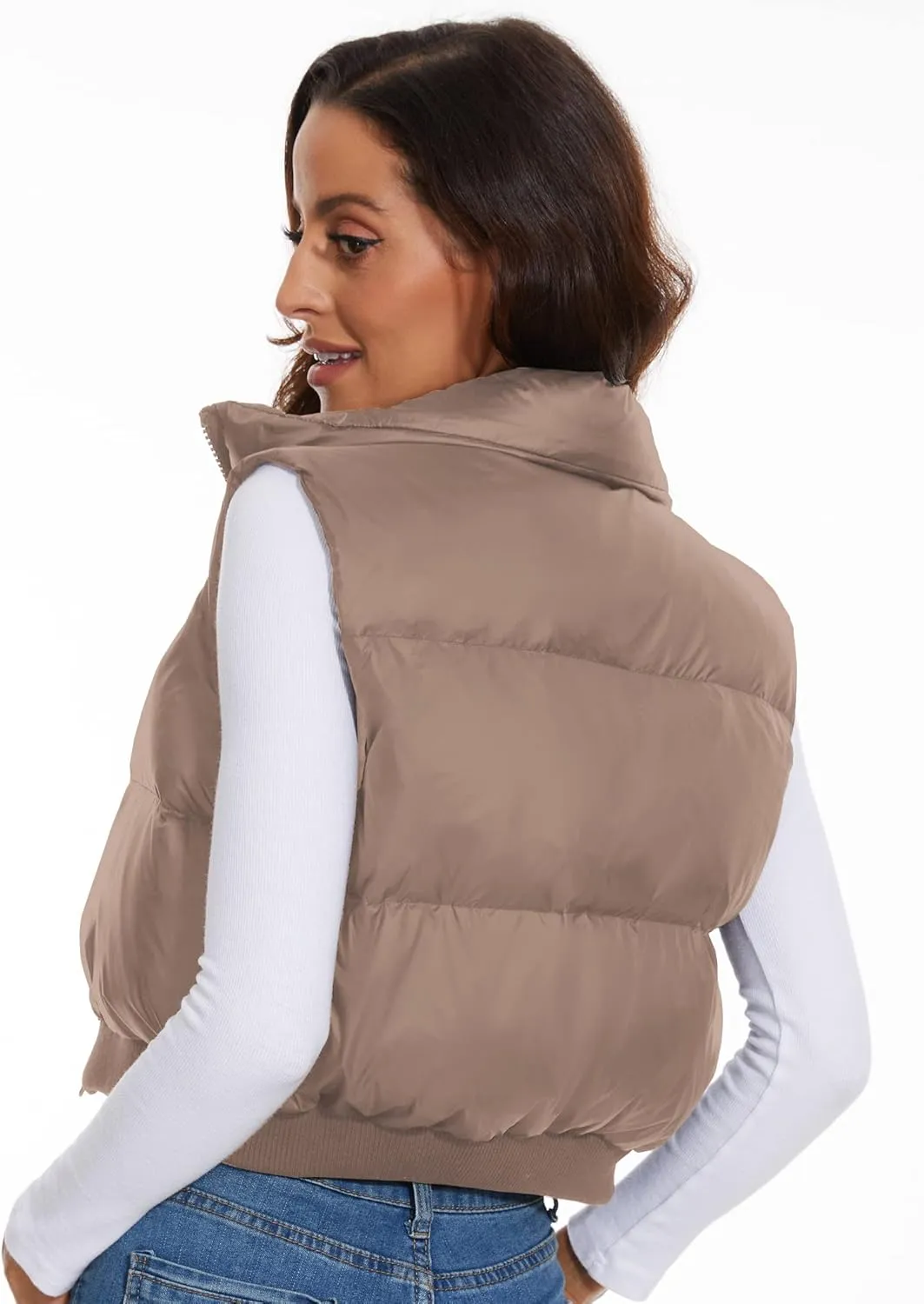 ELFJOY Cropped Puffer Vest for Women Down Crop Puffer Jacket Stand Collar Lightweight Winter Warm Puffy Vests Padded Gilet