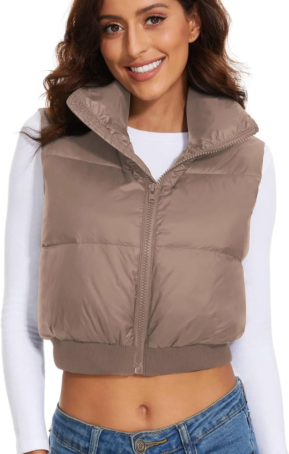 ELFJOY Cropped Puffer Vest for Women Down Crop Puffer Jacket Stand Collar Lightweight Winter Warm Puffy Vests Padded Gilet