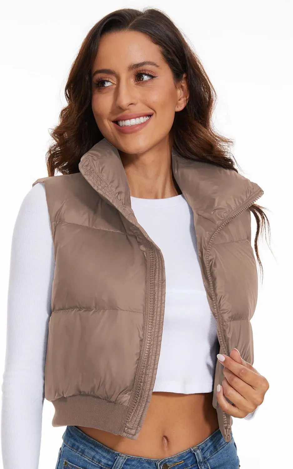 ELFJOY Cropped Puffer Vest for Women Down Crop Puffer Jacket Stand Collar Lightweight Winter Warm Puffy Vests Padded Gilet