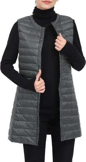 ELFJOY Long Puffer Vest Lightweight Womens Vests Outerwear Button Round Neck Sleeveless Long Down Vest No Collar