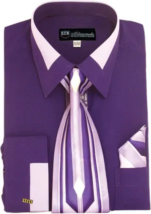 Men's Fashion Dress Shirt With Contrast Design Tie Hankie & Cuffs