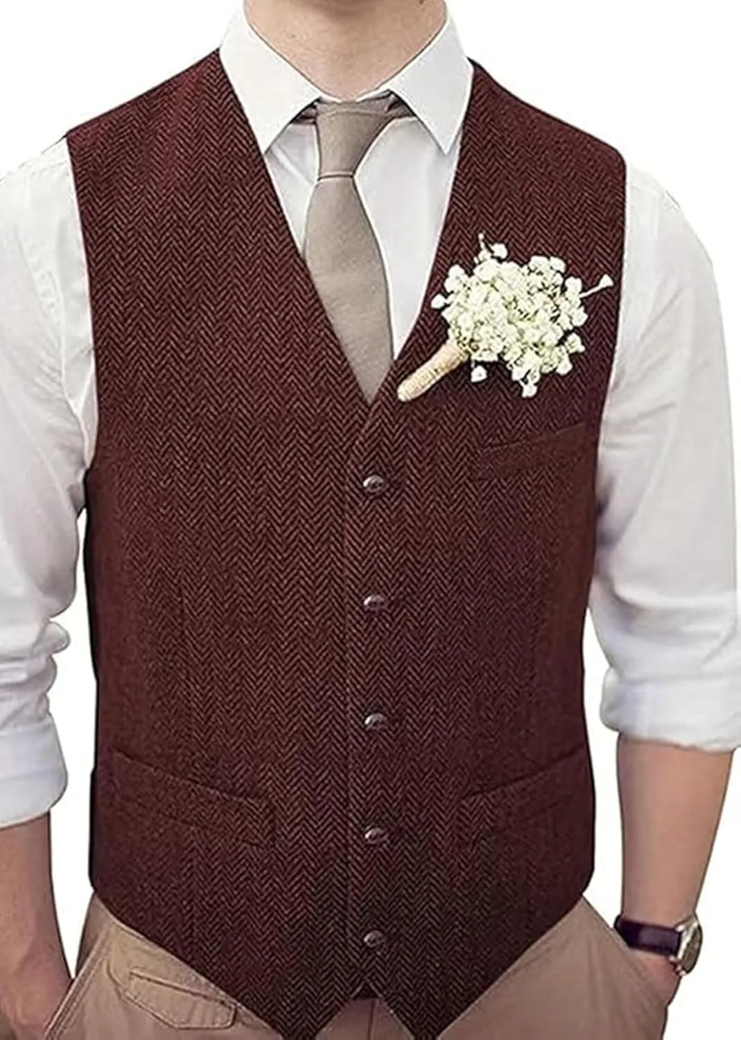 Men's Tweed Vest Herringbone Wool Waistcoat for Wedding Men Vests Formal Groom's Wear Suit Vest