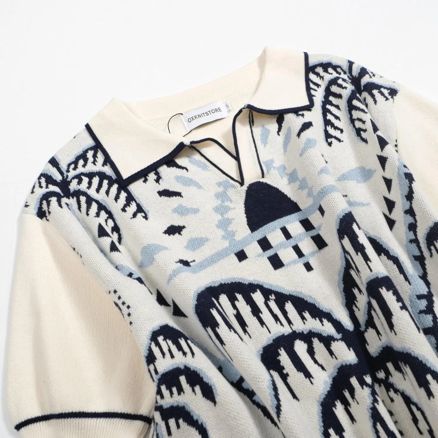 OXKNIT Mens Knit Polo Shirts Short Sleeve Shirt Casual Vintage Shirts with Coconut Tree Pattern