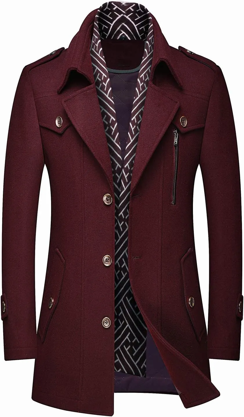 PRIJOUHE Men's Wool Blend Jacket Single Breasted Slim Fit Thick Winter Windproof Pea Coat with Removable Scarf