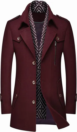 PRIJOUHE Men's Wool Blend Jacket Single Breasted Slim Fit Thick Winter Windproof Pea Coat with Removable Scarf