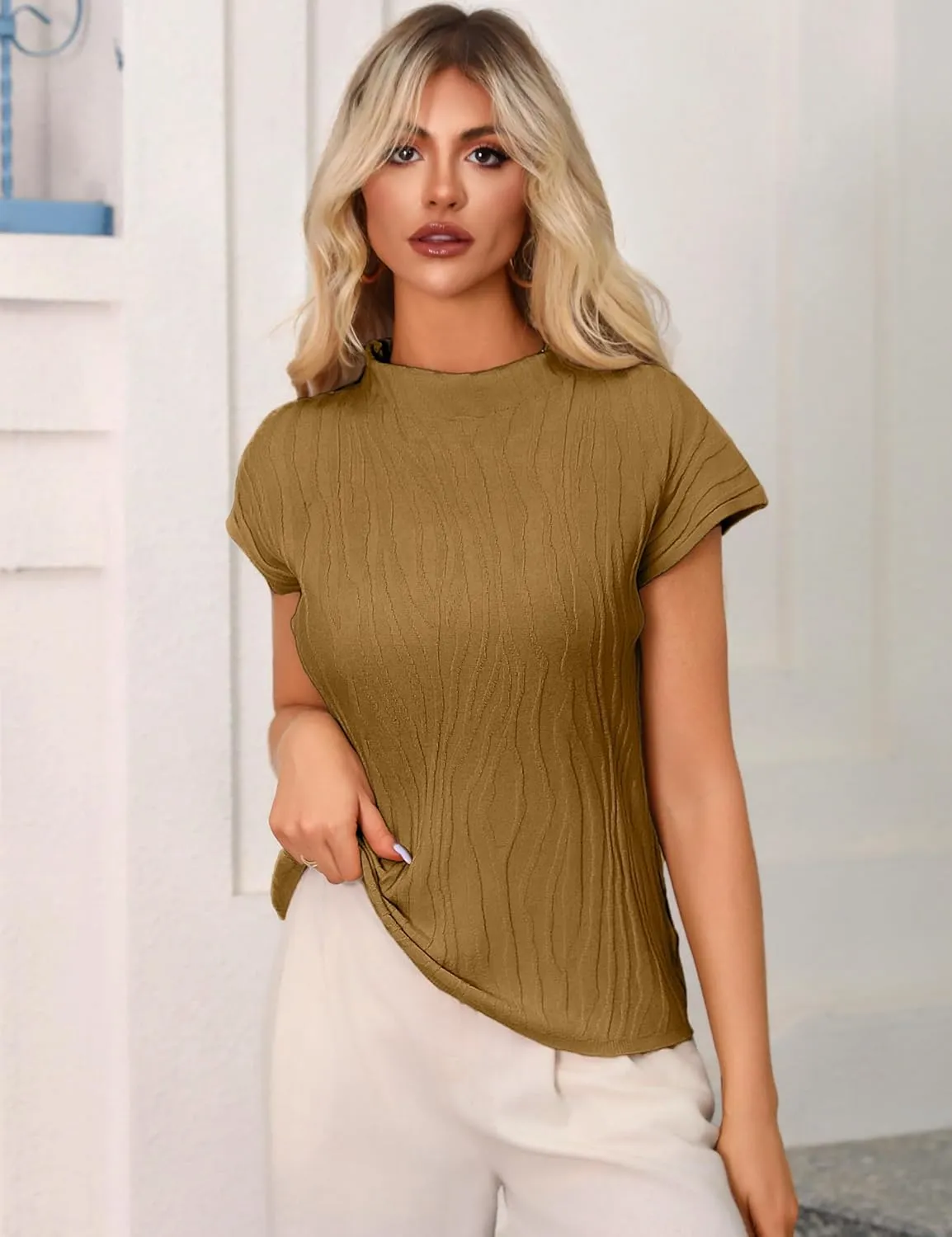Totatuit Womens Cap Sleeve Sweater Vest 2024 Trendy Textured Clothes Short Sleeve Shirts