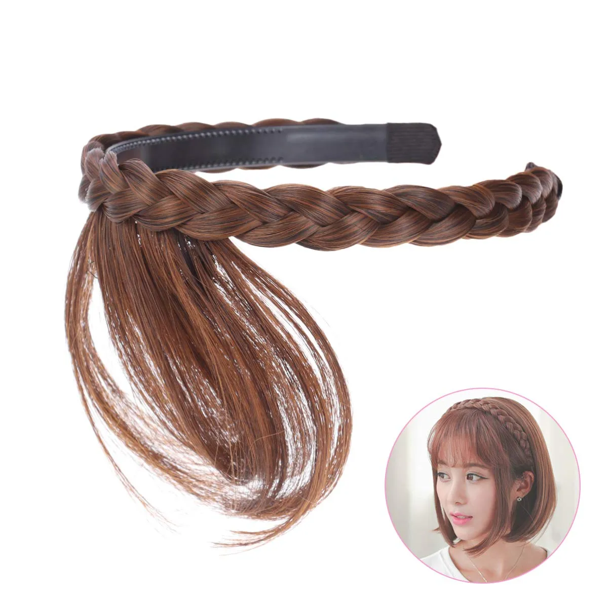 Uonlytech Hairband, Front Hair Bangs Fringe Extensions, Synthetic Wigs Headband for Women Girls, Light Brown, 1 Count