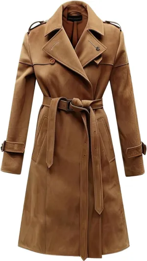 Womens Brown Genuine Suede Double-Breasted Lapel Collar Elegant Lightweight Belted Midi Trench Leather Coat