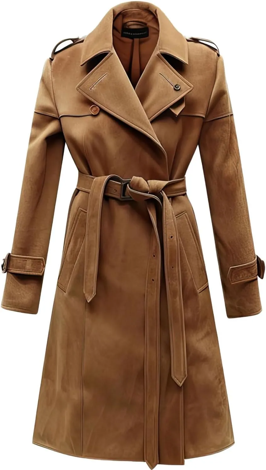 Womens Brown Genuine Suede Double-Breasted Lapel Collar Elegant Lightweight Belted Midi Trench Leather Coat