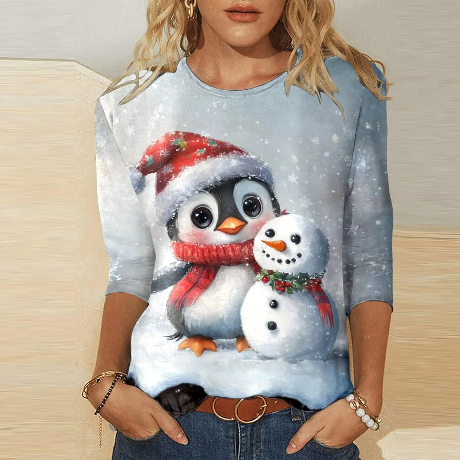 Womens Christmas Shirts Long Sleeve Funny Penguin Crewneck Sweatshirts Holiday Casual Graphic Pullover Sweaters