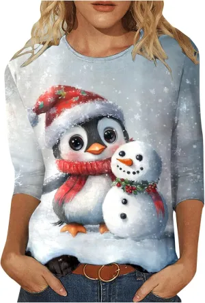 Womens Christmas Shirts Long Sleeve Funny Penguin Crewneck Sweatshirts Holiday Casual Graphic Pullover Sweaters
