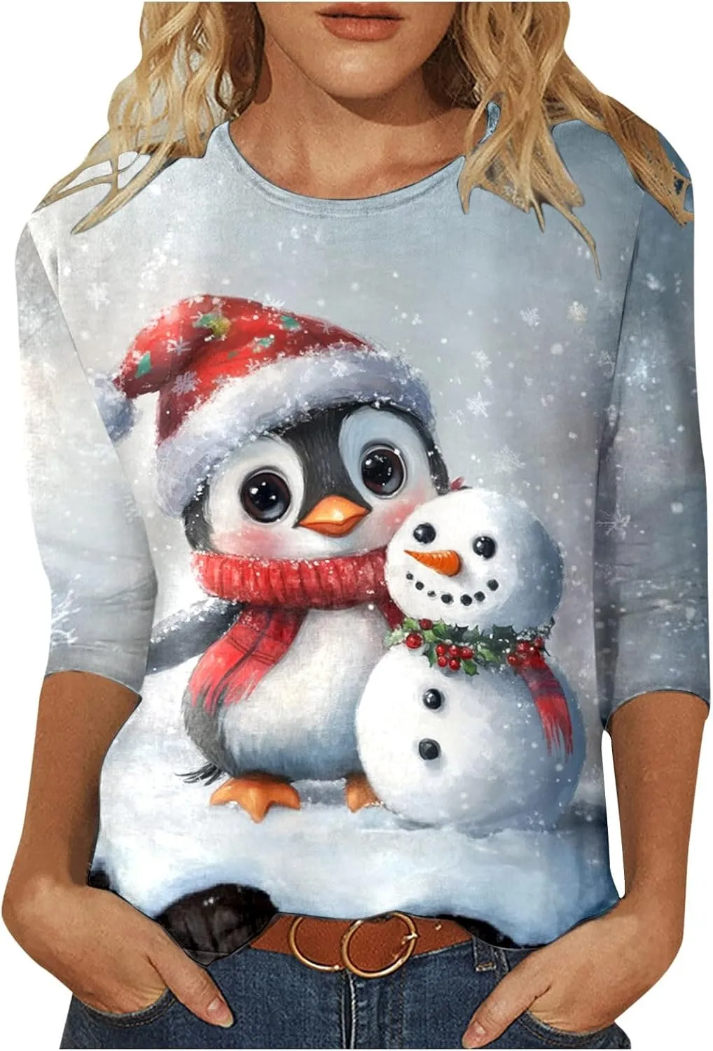 Womens Christmas Shirts Long Sleeve Funny Penguin Crewneck Sweatshirts Holiday Casual Graphic Pullover Sweaters