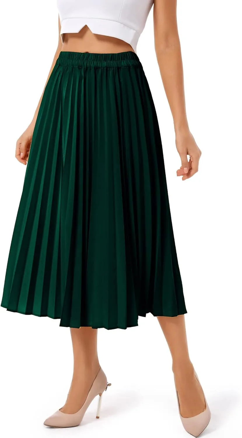 Women's Leopard Print Elastic Waist Pleated A-Line Midi Long Skirts