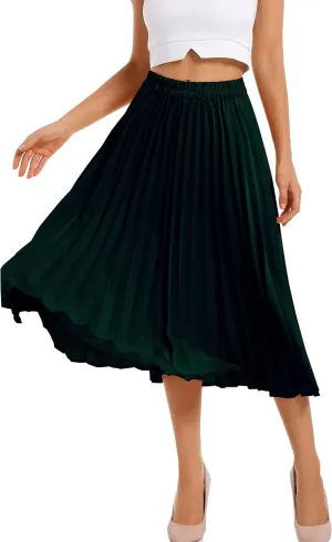 Women's Leopard Print Elastic Waist Pleated A-Line Midi Long Skirts